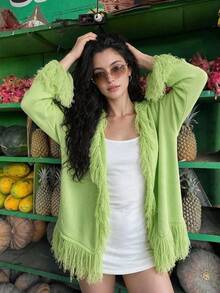 Y2K Textured Top With Lace Patchwork And Fringe Details, Long Sleeve Asymmetrical Hem T-Shirt For Casual Everyday Outfits Fall And Winter - Neon Green - View 2