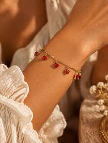 Golden Color Heart Charm Bracelet For Women, Romantic Red Heart Pendant Chain Bracelet, Minimalist Sweet Jewelry For Daily Wear, Date Night Gift - Red - View 5