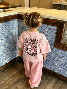 Baby Girls Plaid Graffiti & Letter Print Cute Girl Graphic Round Neck Short Sleeve Top - Pink - View 2