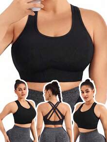 Plus Size Cross Back Sports Bra Autumn Winter Thermal Underwear Wireless Lift Support Bralette Gym Workout Crop Top Athletic Base Layer - Black - View 2