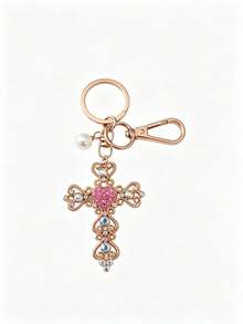 1pc Luxury Exquisite Rhinestone Heart Cross Car Keychain, Metal Cute Pearl Unisex Couple Bag Pendant Key Chain Ring Fashion Small Gift Design Bag Accessory - Multicolor - View 4