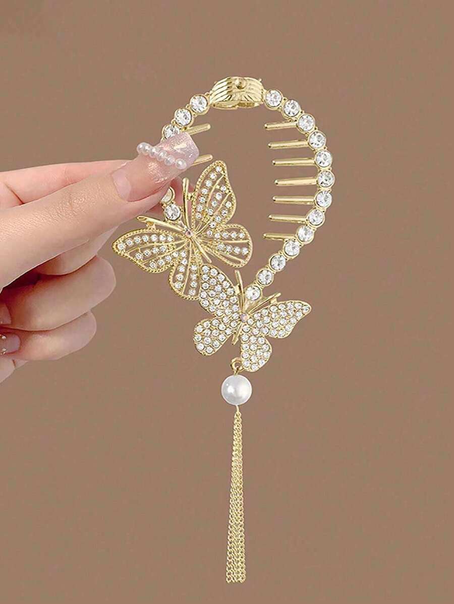 1pc Gold Rhinestone Butterfly Hair Clip With Tassel, Shiny Hair Bun Claw Clip For Girls, Simple Princess Style Hair Accessory For Daily Wear