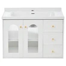 [With Ceramic Basin] 80cm Multifunctional Wall-Hung Bathroom Vanity Unit, MDF Panel, Large Storage Capacity: 2 Drawers + Cabinet With Glass Door (Semi-Transparent, With Adjustable Shelves) - White - View 11