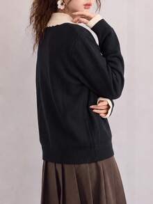Women's Casual Minimalist Colorblock Design Lapel 2 In 1 Knit Cardigan Sweater - Black - View 2