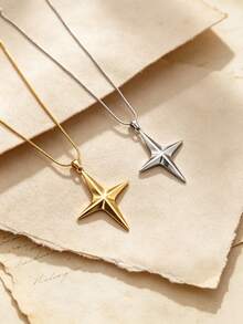 1pc Exaggerated Vintage Stainless Steel Gold-Plated Cross & Oversized Star Pendant Necklace, Unisex, Daily Wear, Couple Gift, Holiday Gift - Multicolor - View 4