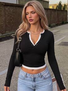 Women's Early Autumn 2-In-1 Colorblock White Trim V-Neck Fitted Y2K Style Basic Long Sleeve Knit Undershirt Black - Black - View 3