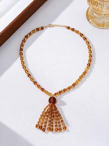 1pc Exquisite Vintage Brown Beaded Tassel Long Necklace, Versatile For Women's Daily Wear, Party, Dance, Commute And Date - Necklace - View 5