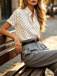 DONICY Women's Apricot Short Sleeve Shirt, Satin Texture, Lapel Collar With Gold Buttons, Office Daily Casual Versatile Style - Apricot - View 4