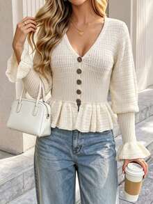 Women's V Neck Long Sleeve Button Detail Short Cardigan, Elegant For Fall And Winter - Beige - View 2