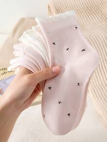 4 Pairs Women's Cute Sweet Breathable Floral Striped Embossed Lace Pattern Mid-Calf Socks Ankle Socks Casual Comfortable Preppy Student Socks Pink Socks White Socks Fashionable Comfortable Random Color Suitable For Daily Wear Spring Summer Autumn Winter All Seasons - Multicolor - View 7