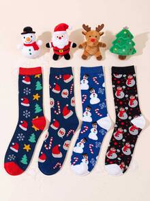 1/2/4/8 pares de calcetines navideños, con patrones de gorro de Papá Noel, muñeco de nieve y bastón de caramelo, unisex, regalo creativo para fiesta de Navidad, calcetines casuales suaves y cálidos para otoño/invierno - Multicolor - Ver 3