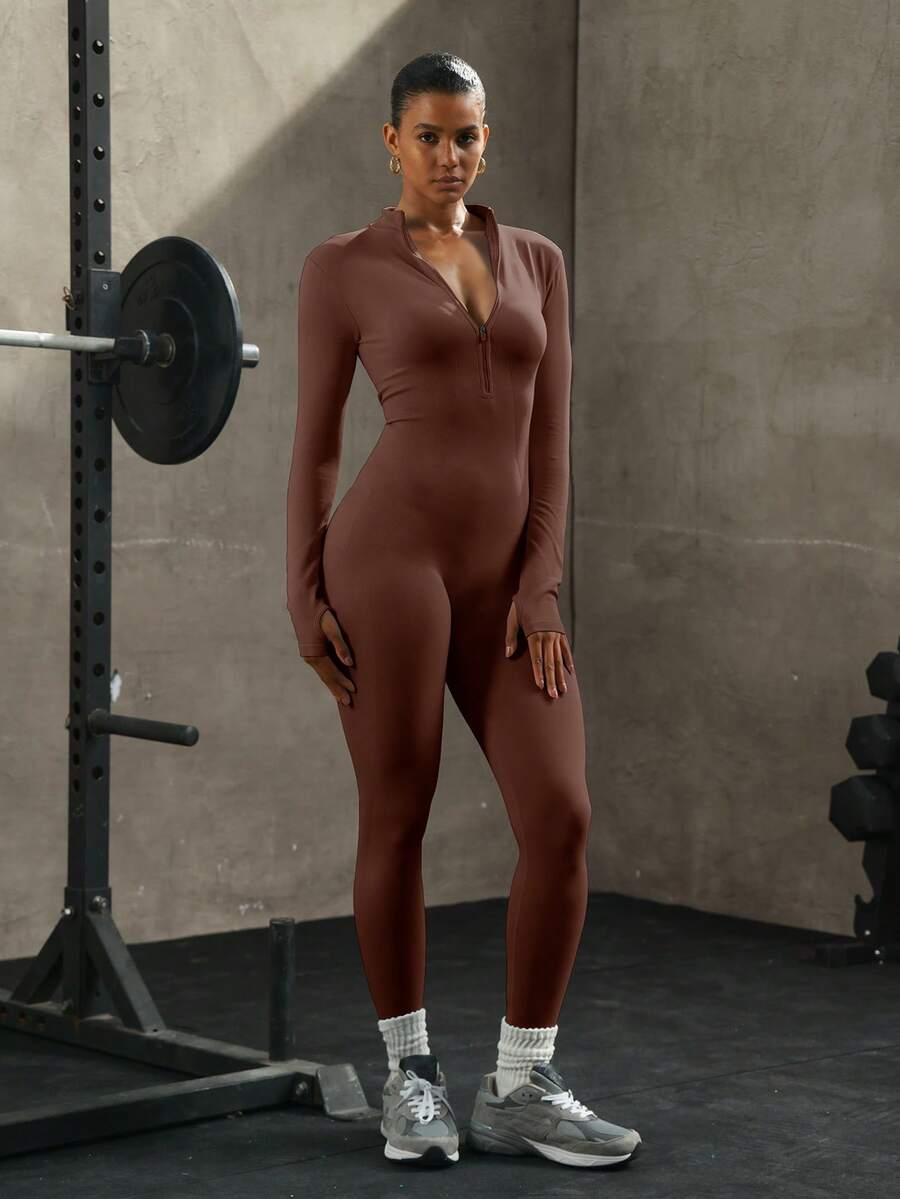 PinkTip Jumpsuit Rajut Bergaris Lengan Panjang untuk Olahraga Yoga Tanpa Jahitan, Pas di Badan, dan Menyerap Keringat, Cocok untuk Pilates dan Acara Olahraga Kasual - Coklat - View 1