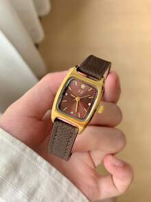 1pc Women's Minimalist Quartz Watch Small Square Brown Dial Adjustable Brown PU Strap Simple Stick Markers Suitable For Daily Wear - Brown - View 2