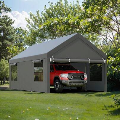 12x20 FT Heavy Duty Carport With Removable Side Walls And Doors, Portable Garage With Roll-Up Window And Sandbags, Waterproof Car Canopy With All-Season Tarp, UV Protection For Cars, Trucks And Boats, Gray