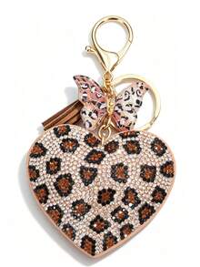 Creative Personalized Heart-Shaped Leopard Print Rhinestone Keychain Bag Charm Pink & Minimalist Daily Wear Gift Key Chain - Multicolor - View 10