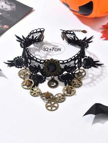 1pc Gothic Black Lace Choker Necklace With Oval Gem, Clock Gear Pendant And Multi-Layer Chain, Vintage Halloween Vampire Style Exaggerated Collar Accessory, Suitable For Party Outfit - Black - View 2