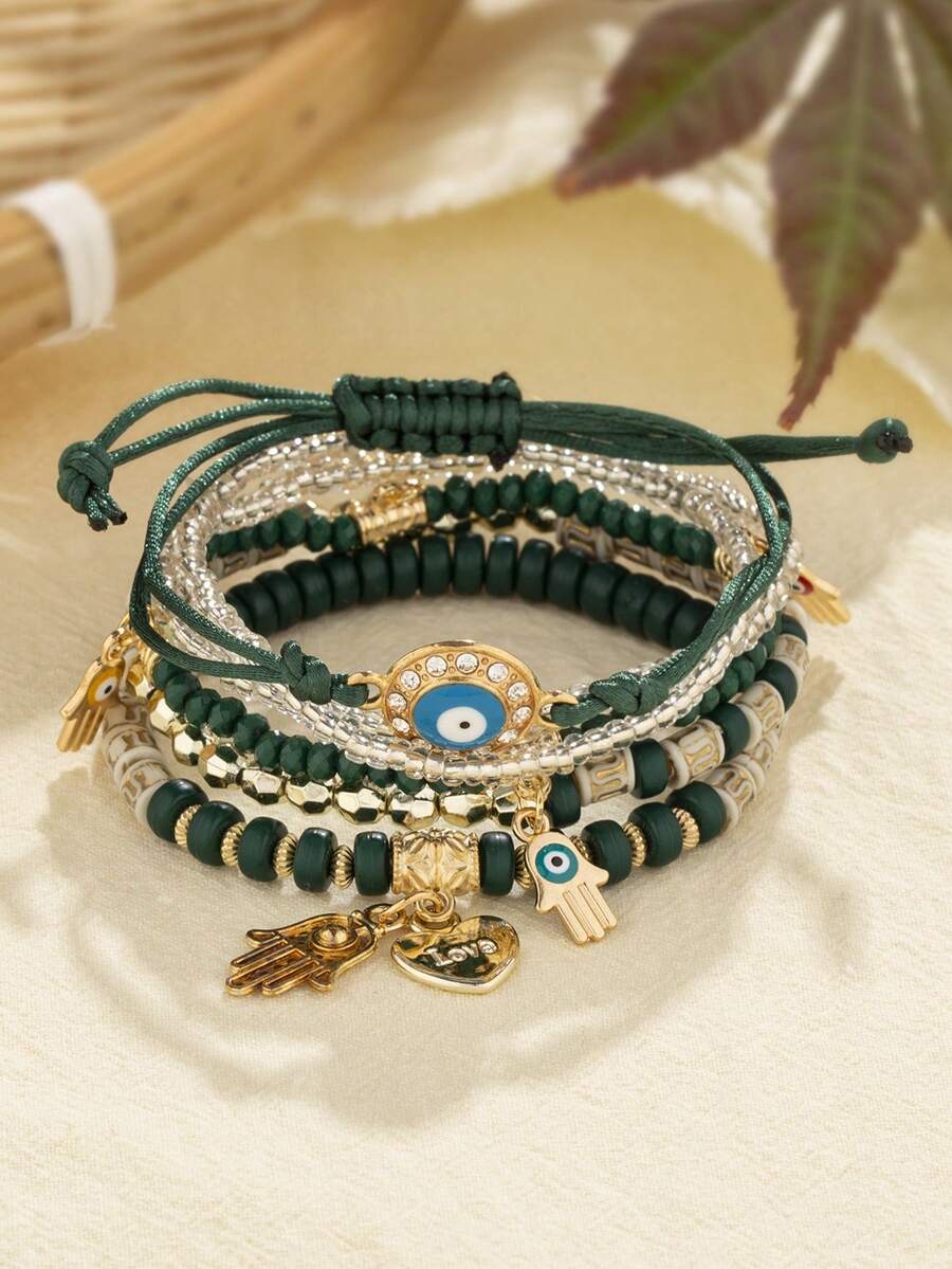 6-Piece Eye And Hamsa Hand Decor Bracelet (Rhinestone Quantity Random) - Multicolor - View 1