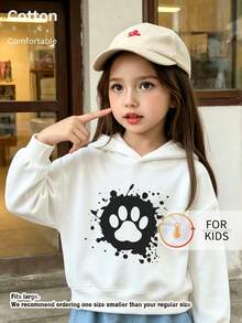 Kids Hooded Sweatshirt, Black Ink Splash Dog Paw Graphic Print Thick Fleece Lined Pullover For Kids - White - View 3