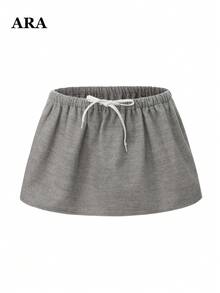 ARA CHIC Women's Gray Casual Mini Skirt, Elastic Waist Drawstring A Line Short Skirt, Soft Loose Vacation Weekend Everyday Skirt - Grey - View 9
