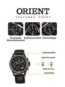 Orient Jam Tangan Wanita Quartz Casing Lapis Hitam Strap Kulit Hitam Dial Hitam Matte Bezel Kristal Kronograf Multifungsi - Hitam - View 5