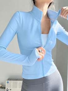 女款專業無縫拉鍊開襟修身跑步健身瑜珈上衣 - 天藍色 - 查看 2