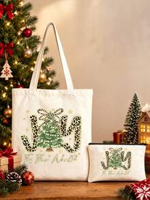 1/2pcs Merry Christmas Tote Bag & Makeup Bag, Printed Christmas Tree Pattern, ForWinter Holiday Matching Gift,Daily, Gift For Family, Friend. - Multicolor - View 7