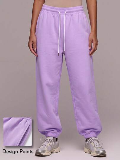 KyrLssu Women Drawstring Elastic Waist Jogger Sweatpants, Solid Color Loose Fit Cuffed Hem Casual Trousers With Side Pockets, Daily Street Loungewear Pants