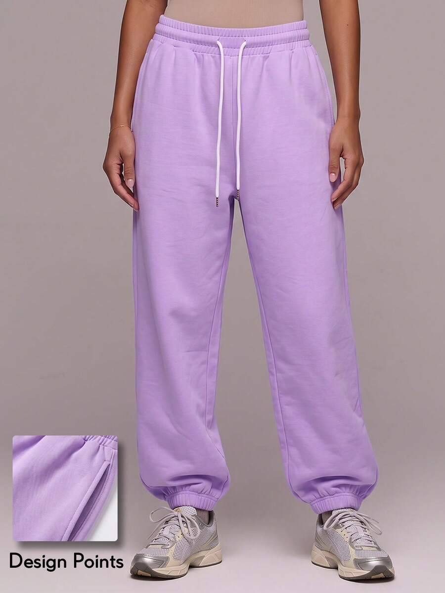 KyrLssu Pantalon de jogging femme à taille élastique avec cordon de serrage, couleur unie, coupe ample, ourlet resserré, poches latérales, pantalon décontracté pour le quotidien et la détente - Prune - Voir 1
