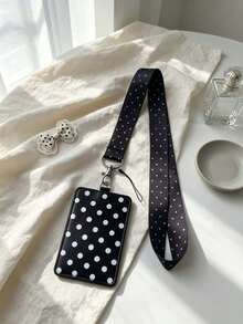 1pc Black & White Polka Dot Print PU Leather ID Card Holder With Matching Lanyard, Student Campus Bus Access Badge Protector, Student ID & Transit Card Sleeve, Suitable For Office Workers And Students Daily Use - Rectangle - View 10