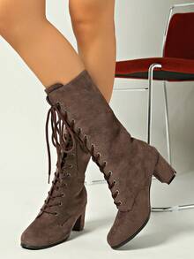 Sepatu Bot Hak Tebal Bertali Lintas Batas untuk Wanita - Coffee Brown - View 4