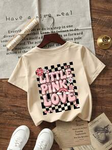 Baby GirlMinimalist Plaid Graffiti & Letter Print Round Neck Short Sleeve Cute Top - Apricot - View 4