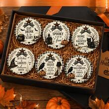 6pcs Witch Pumpkin Coasters Set, Funny Cartoon Pattern Heat-Insulating Cup Mats, Halloween Desktop Decor, Gift Box Holiday Present - PET Coaster-2769 - View 8