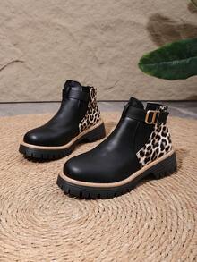 Women's Leopard Print Patchwork Mid-Calf Boots, Vintage Fashion Versatile Slip-On Boots, Autumn/Winter - Black - View 2