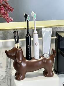 Cute And Simple Dachshund-Shaped Bathroom Storage Box And Toothbrush Holder - Electric Dachshund Toothbrush Holder And Shelf, Toothpaste And Makeup Brush Storage Base, Adorable Storage Base Stand. - Multicolor - View 1