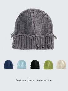 1pc Unisex Warm Windproof Distressed Ripped Knit Beanie (Y2K/Grunge/Street/Hip-Hop Style) - Suitable For Outdoor Sports (Skiing/Cycling) And Daily Casual Wear, Combining Fashion And Comfort, Breathable Chunky Ribbed Knit Design, Simple Solid Color Versatile, Essential Item For Autumn, Winter And Spring - Multicolor - View 1