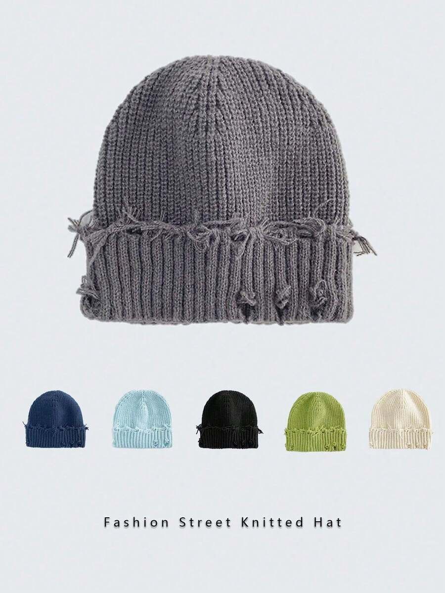 1pc Unisex Warm Windproof Distressed Ripped Knit Beanie (Y2K/Grunge/Street/Hip-Hop Style) - Suitable For Outdoor Sports (Skiing/Cycling) And Daily Casual Wear, Combining Fashion And Comfort, Breathable Chunky Ribbed Knit Design, Simple Solid Color Versatile, Essential Item For Autumn, Winter And Spring - Multicolor - View 1