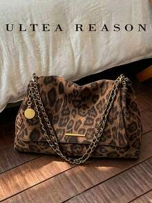 1pc Leopard Print Polyester New Women's Bag, Shoulder Bag, Crossbody Bag, Fashion Square Handbag, Chain Strap, Suitable For Commuting, Shopping, Dating - Coffee - View 3