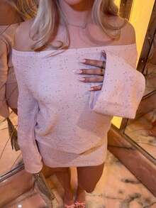 Autumn Women's Light Pink Off-Shoulder Sweater Dress Knit Long Flared Sleeve Short Bodycon - Mauve Purple - View 6