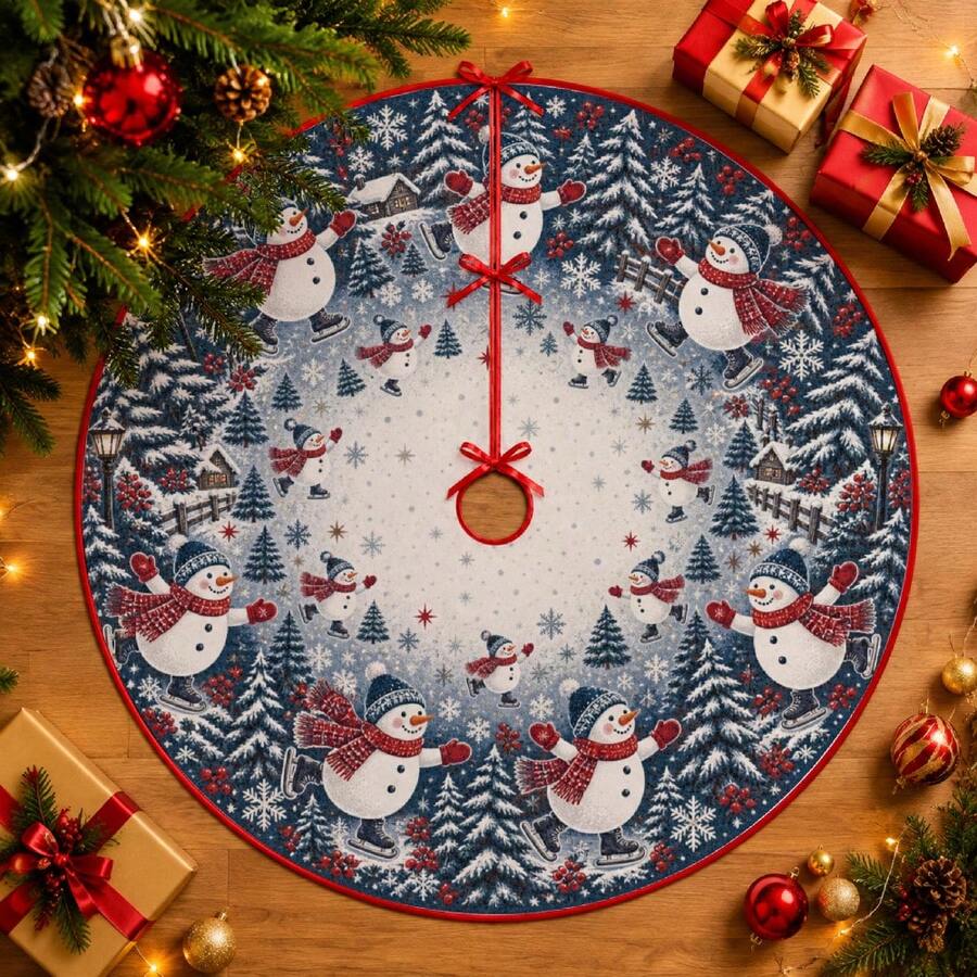 1pc Skiing Snowman Pattern Christmas Tree Skirt, Elegant Color Holiday Decor, 5 Sizes, Unisex Holiday Gift, Suitable For Home And Party Christmas Home Decoration - Snowman Skiing - View 1