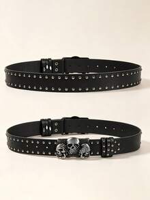 Skull Studded Leather Belt Punk Style Hip Hop Waist Belt Fashion Versatile Decorative Belt Student - A - View 3