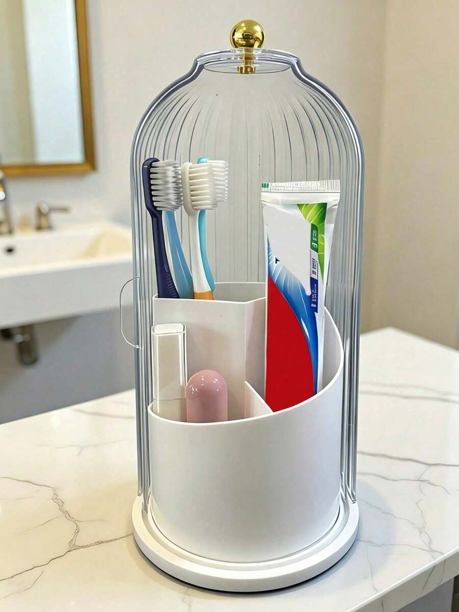 Covered Makeup Brush Holder, 360° Rotating Makeup Brush Rack, Dust-Proof Makeup Brush Storage Box, Suitable For Vanity, Bathroom Countertop, Covered Toothbrush Holder, Makeup Essentials, Cosmetic Countertop Storage Box, Shower And Sink Storage - Multicolor - View 1
