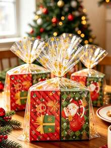 10pcs Transparent Christmas Cellophane Gift Bags Featuring Snowflake, Star, And Christmas Tree Patterns; Suitable For Christmas Gift Wrapping, Christmas Party Supplies, And Festive Home Decor. - Multicolor - View 10