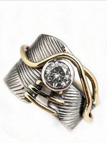 1pc Men's Ring, Gold Copper Material, Square Distressed Wave Twisted Wide Band Inlaid With CZ, Personalized Vintage Ring, Daily Street Wear Size 6-10 - Multicolor - View 2