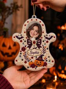 Custom Photo & Text DIY 3D Pearl Painting Hanging Decor Diamond Art, Personalized Halloween Ghost Pumpkin Bat Bow Design, Spooky Home Tree Ornament Keepsake, Halloween Birthday Gift For Pet Lovers Family And Friends - Multicolor - View 4