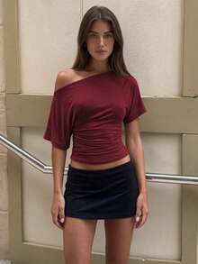 Atasan Wanita Kasual Warna Polos, Cocok untuk Pakaian Sehari-hari dan Liburan di Musim Semi/Panas - Burgundy - View 1