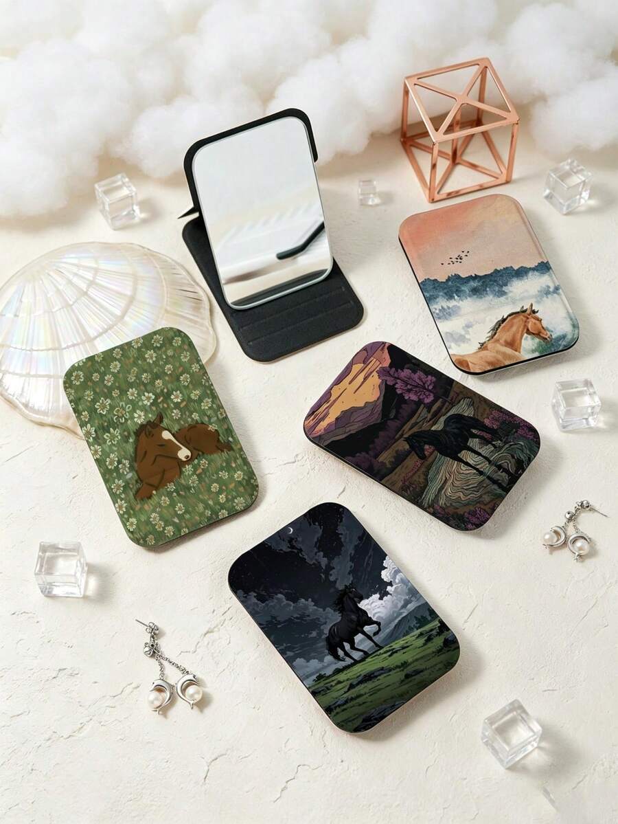 1PC Oil Painting Animal Series Portable Vanity Mirror, Foldable Lightweight Ultra-Thin Convenient Hand Mirror, Durable PU Leather, Suitable For Multiple Scenarios And All People, Mini Pocket Mirror With Fresh Floral Mountain River And Pony Pattern Design, Exquisite Delicate Foldable Structure, Reliable And Drop-Resistant, Easy To Carry, Handheld Makeup Mirror, 180° Flip Cover, Multi-Functional Mini Mirror Compact Mirror, Daily Holiday Birthday Valentine's Day - Multicolor - View 1