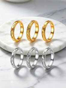 3PCS Stylish 3D Rhombus Wheat Leaf Engraved Stainless Steel Couple Rings, Unisex Promise Rings For Engagement & Wedding, Daily Wear Jewelry Gifts - Ring - View 1