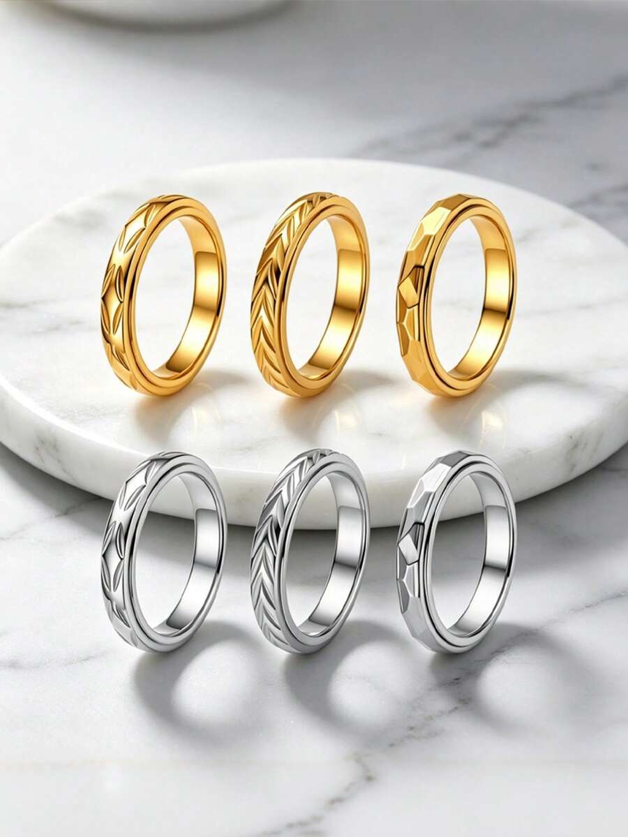 3PCS Stylish 3D Rhombus Wheat Leaf Engraved Stainless Steel Couple Rings, Unisex Promise Rings For Engagement & Wedding, Daily Wear Jewelry Gifts - Ring - View 1