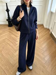 Women's Casual Hooded Sweatshirt And Wide Leg Pants 2 Pieces Set, Autumn Lounge Sets For Women - Navy - View 3