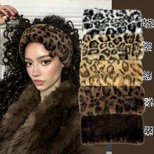 American Retro Leopard Print Plush Wide Headband For Women, Autumn/Winter Thickened Faux Rabbit Fur Warm Headband, Y2K Aesthetic Hair Accessory - Multicolor - View 1